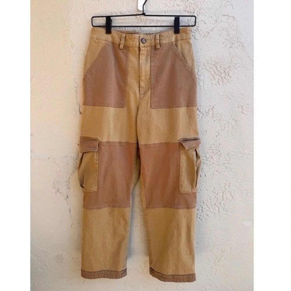 Avec Les Filles Anthropologie Womens Tan Patchwork Cropped Cargo Pants XS Boho